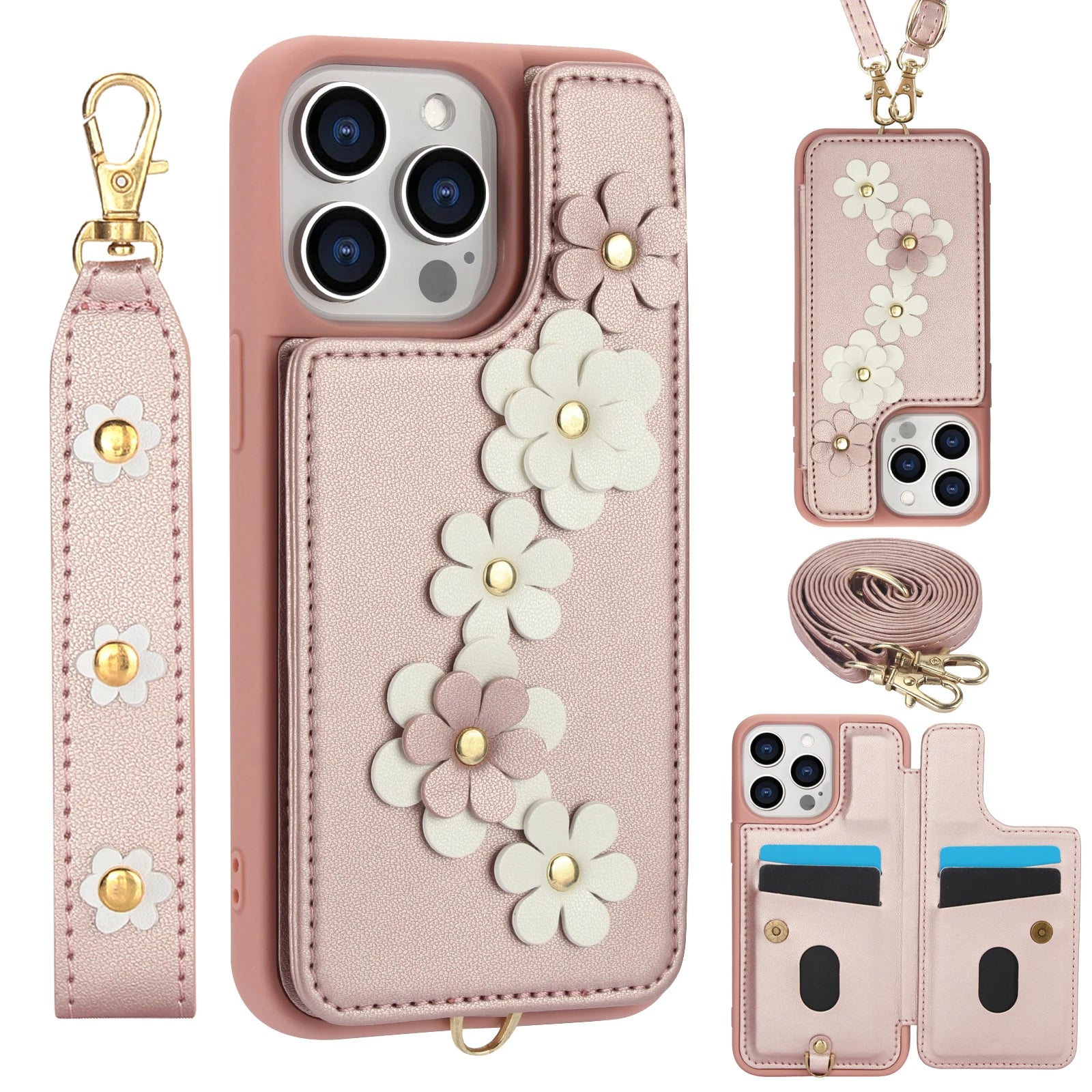 Luxury Crossbody Wallet Leather Phone Case – 3D Flower Design, Card Slot, Wrist Strap, Magnetic Closure, Protective Cover