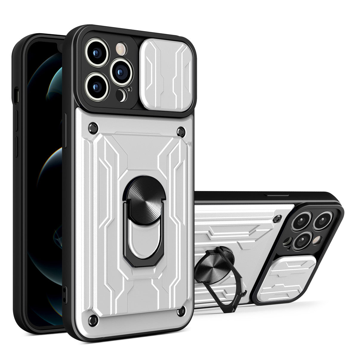 Hidden Slide Card Slot Case – Lens Protection, Magnetic Ring Stand, Shockproof Cover for iPhone Models