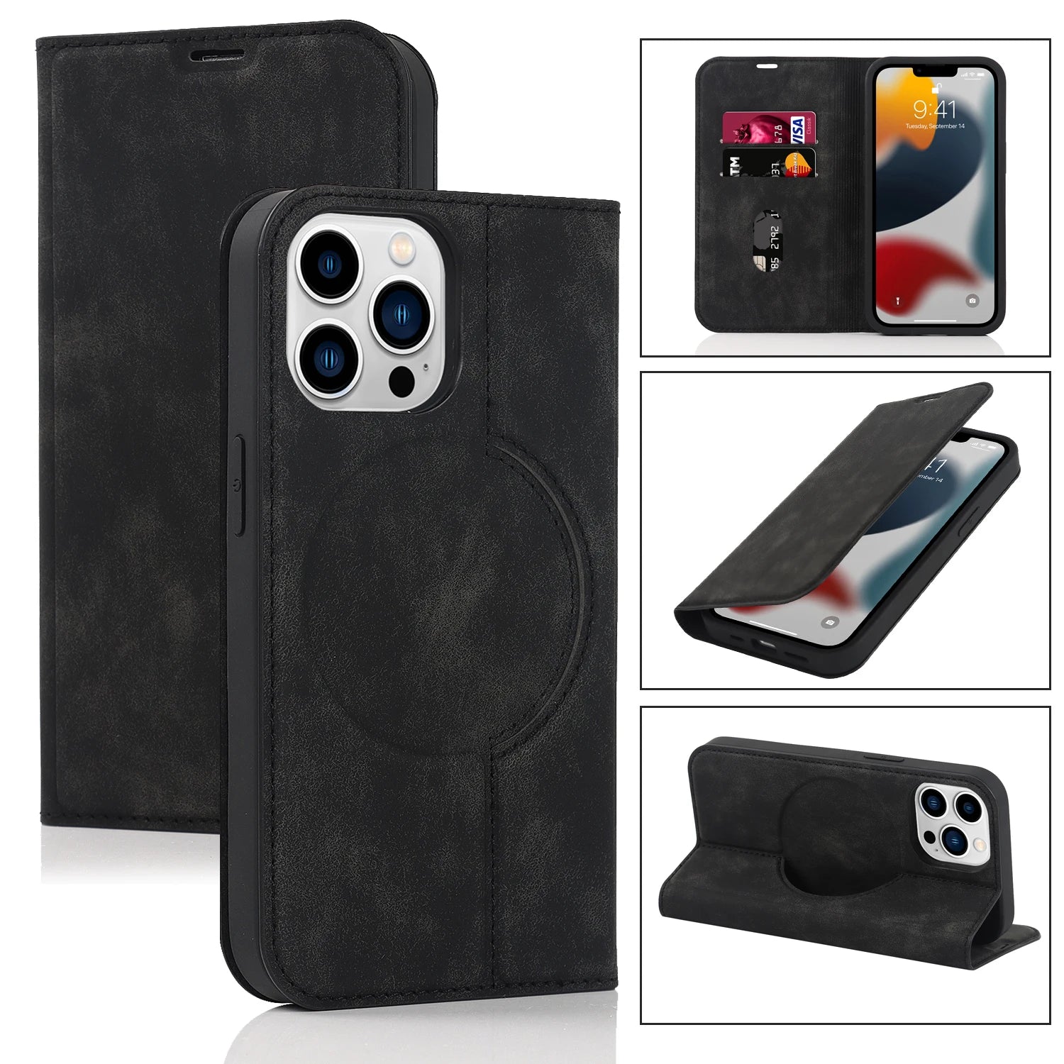 Luxury Magnetic Leather Wallet Case – MagSafe Wireless Charging, Card Slot, Stand Feature, Premium Protection, Stylish & Durable Cover