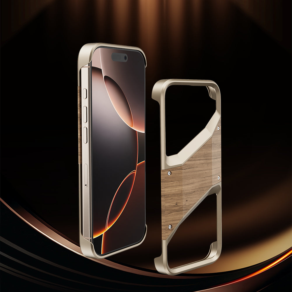 Irregular Metal Frame Phone Case – Aluminum Alloy and Solid Wood Shockproof Frameless Cover for iPhone Models, Durable and Unique Design