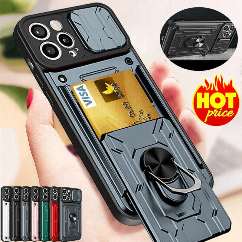 Military Grade Magnetic iPhone Case – Slide Camera Cover, Card Slot, 360° Ring Stand for iPhone Models