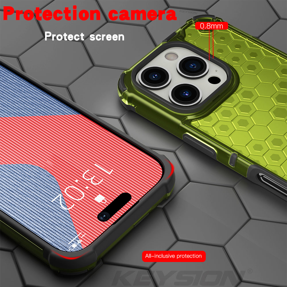 KEYSION Shockproof Armor Case – Soft Silicone + PC Transparent Honeycomb Back Cover for iPhone Models, Durable and Protective Design