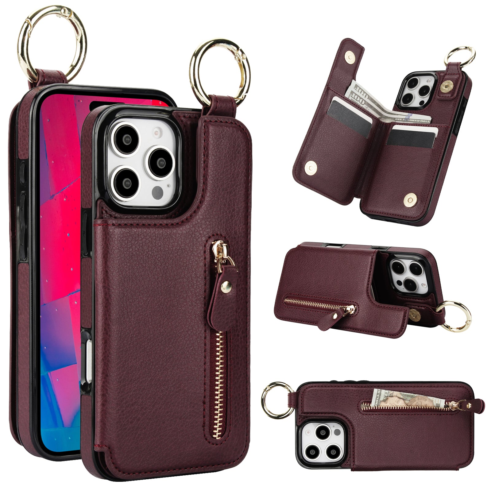 Luxury Zipper Wallet Leather iPhone Case – Card Holder, Ring Stand, Shockproof Protection, and Crossbody Design for Secure & Stylish Convenience