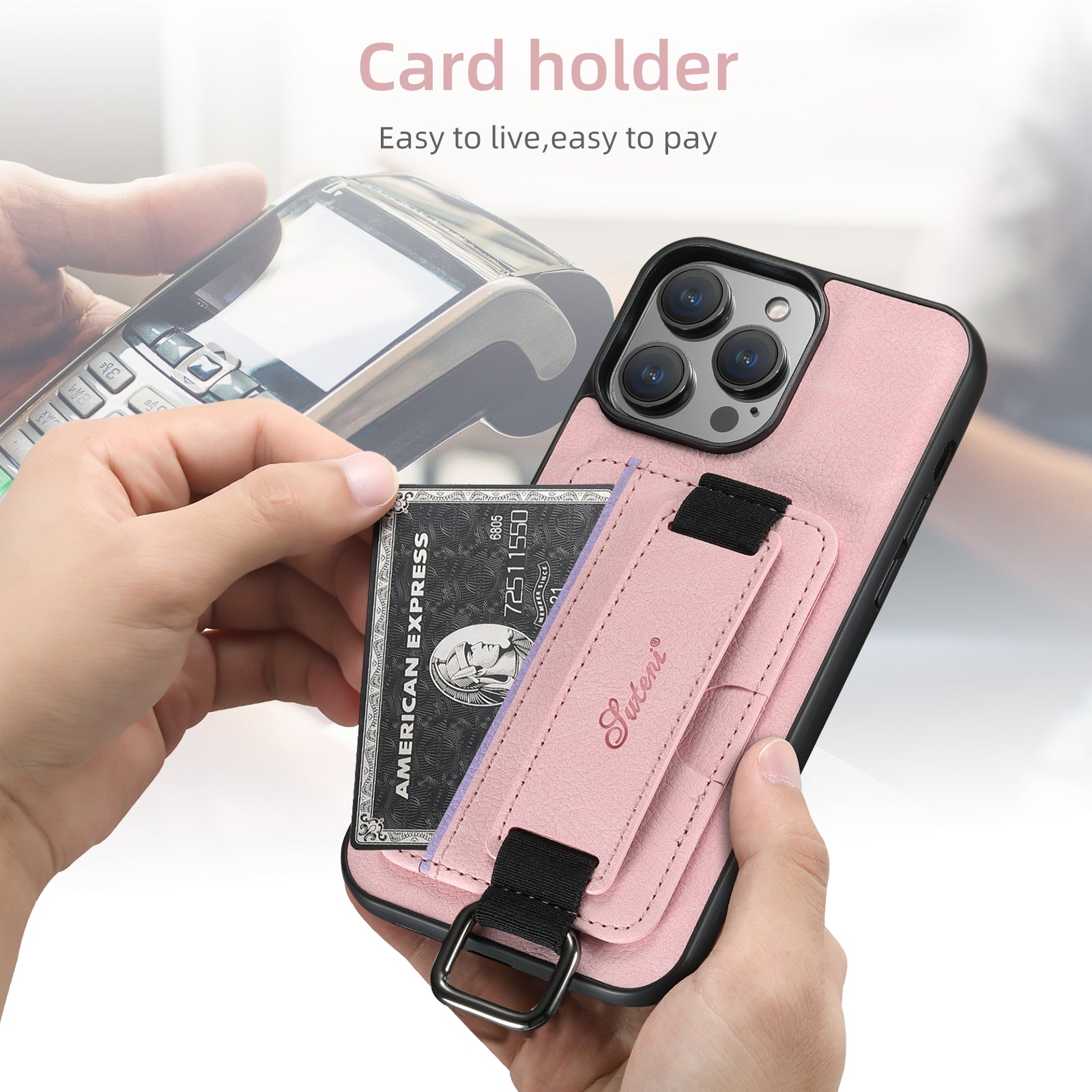 Luxury Lychee Skin Print Wrist Strap Card Holder Phone Case for iPhone - Premium Card Slot, Shockproof Protection,