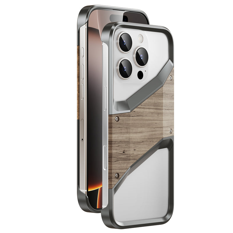 Irregular Metal Frame iPhone Case – Aluminum Alloy and Solid Wood Shockproof Frameless Cover for iPhone Models, Durable and Unique Design