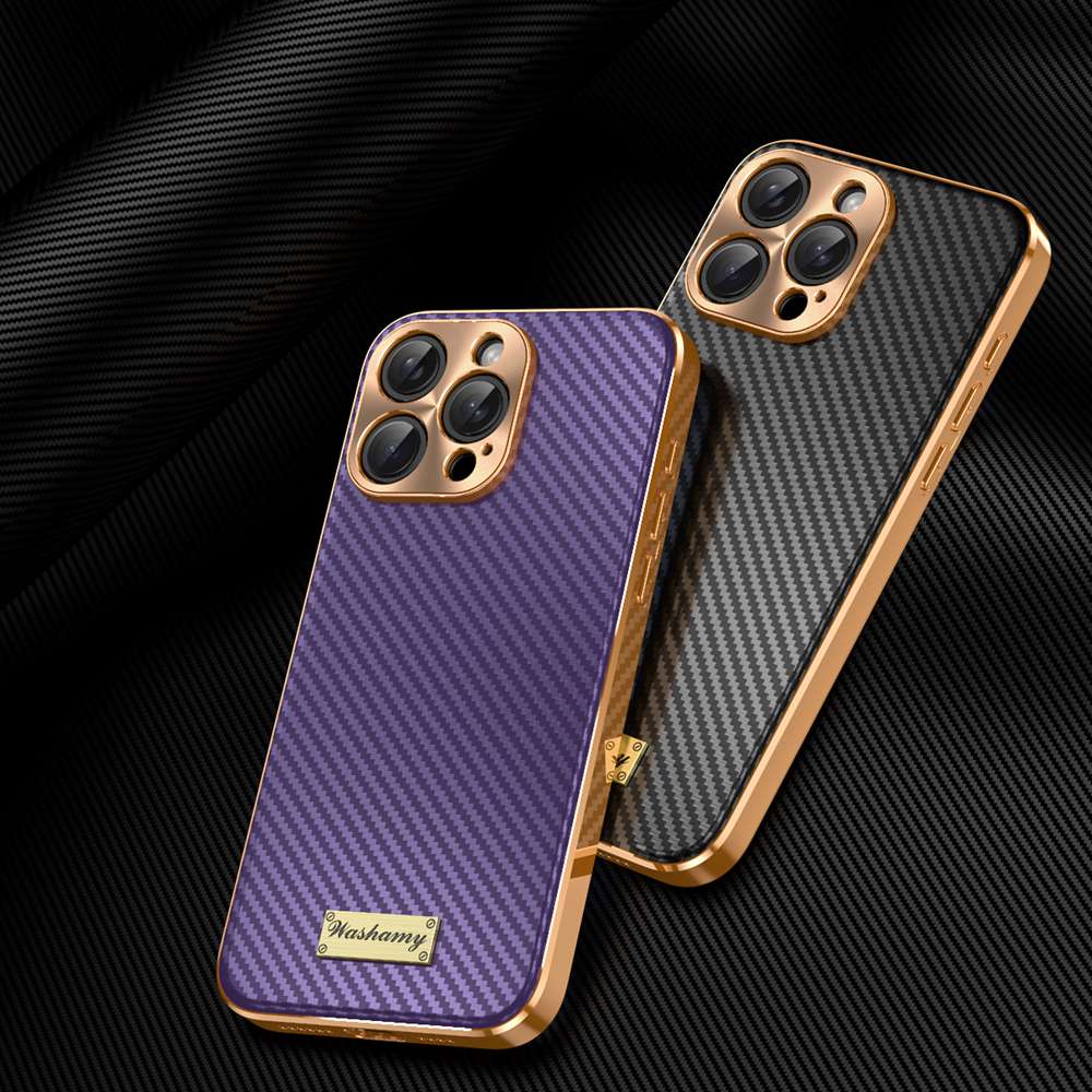 Luxury Carbon Fiber Textured Leather iPhone Case - Shockproof, Alloy Metal Lens, Plating Design, Durable, Slim Fit Protection