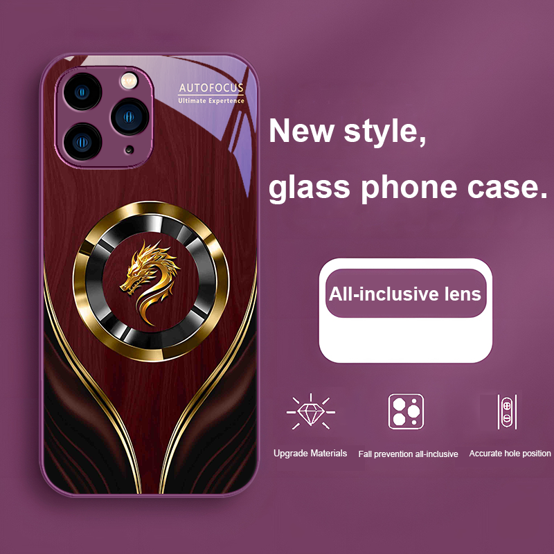 Premium Red Dragon Cloth Pattern Tempered Glass Phone Case – Stylish Purple Accents, Durable Scratch-Resistant Protection