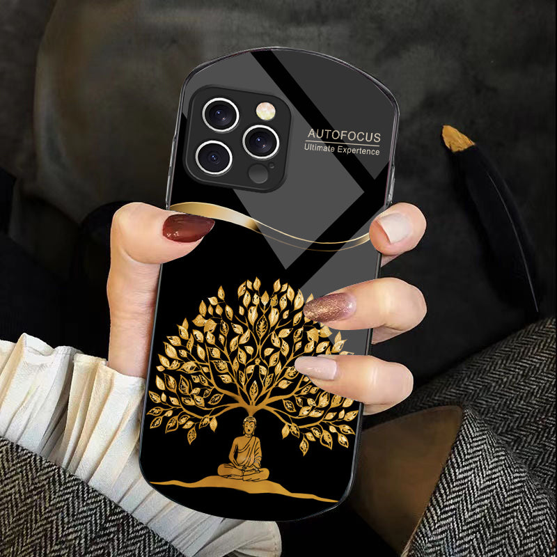 Golden Wealth Tree Phone Case – Elegant Tempered Glass for iPhone Models, Durable Protection, Stylish Elliptical Design