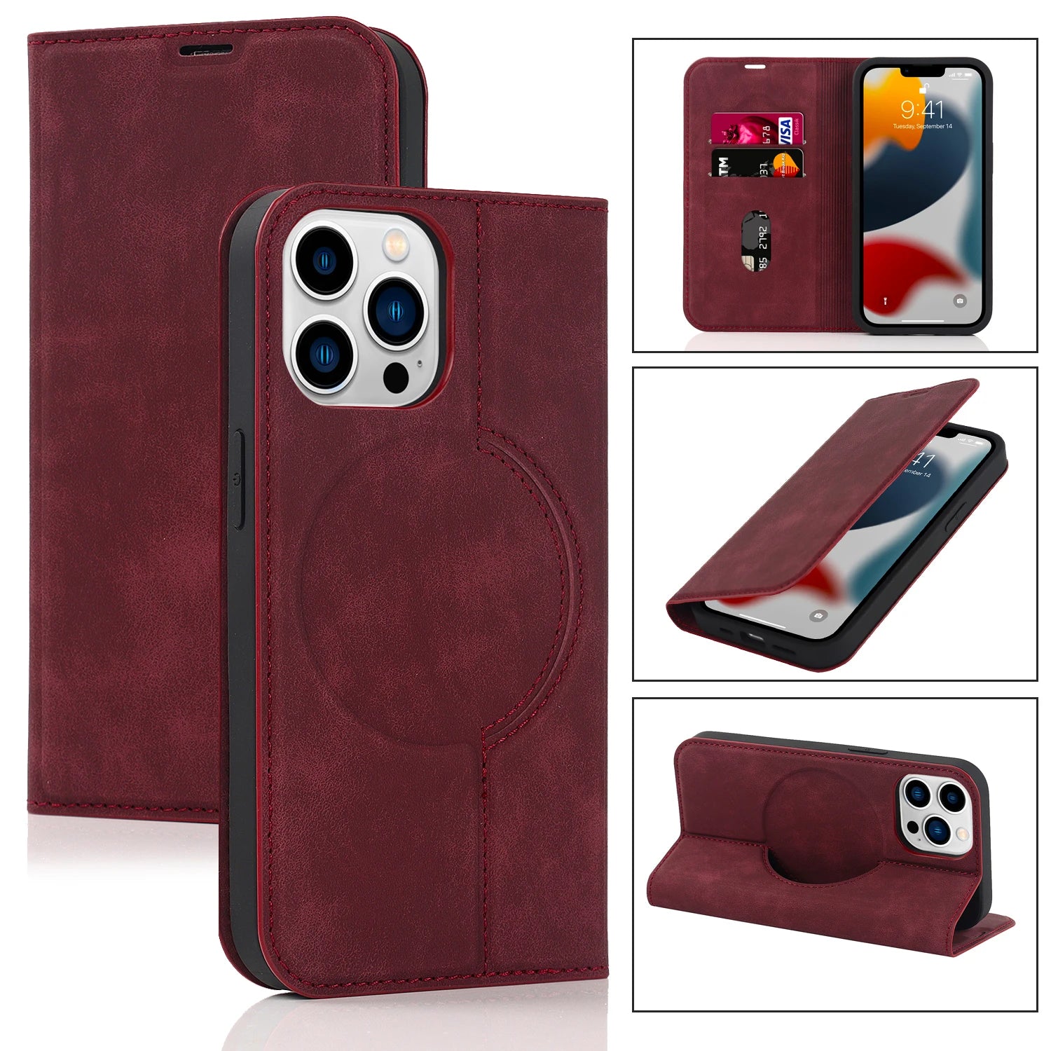 Luxury Magnetic Leather Wallet Case – MagSafe Wireless Charging, Card Slot, Stand Feature, Premium Protection, Stylish & Durable Cover