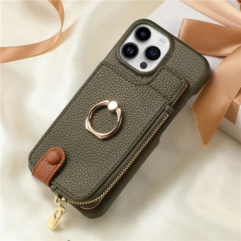 Luxury Leather Zipper Wallet Phone Case – Card Holder, Ring Kickstand, Shockproof Cover for iPhone Models