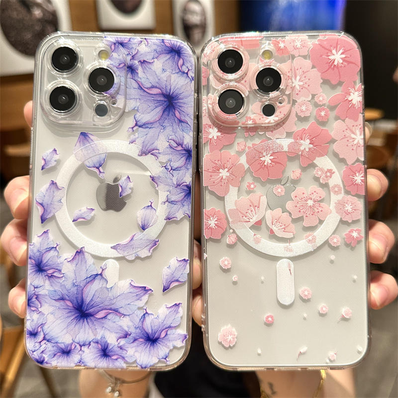 Transparent Floral MagSafe Case - Clear Shockproof Phone Cover with Magnetic Wireless Charging Compatibility Case for iPhone