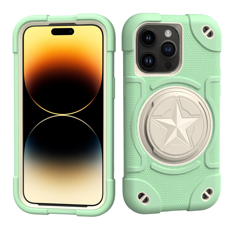 Shield Rotating Ring Rugged Stand Case – Five-Pointed Star Design, Macaron Color Bumper Cover, Durable Protection for iPhone Models