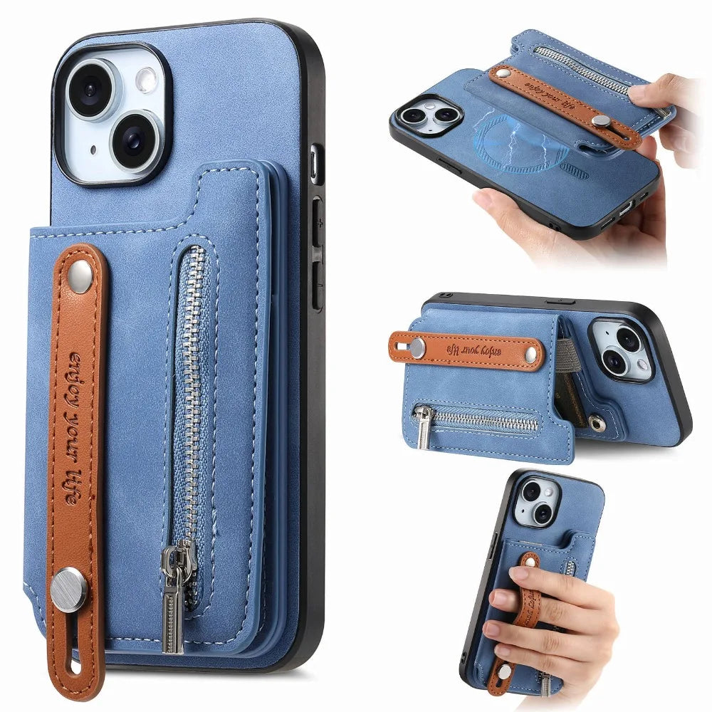 Luxury Detachable Zipper Wallet Phone Case – Magnetic Flip Cover with Card Slots, Wrist Strap, and Full Protection for Ultimate Convenience