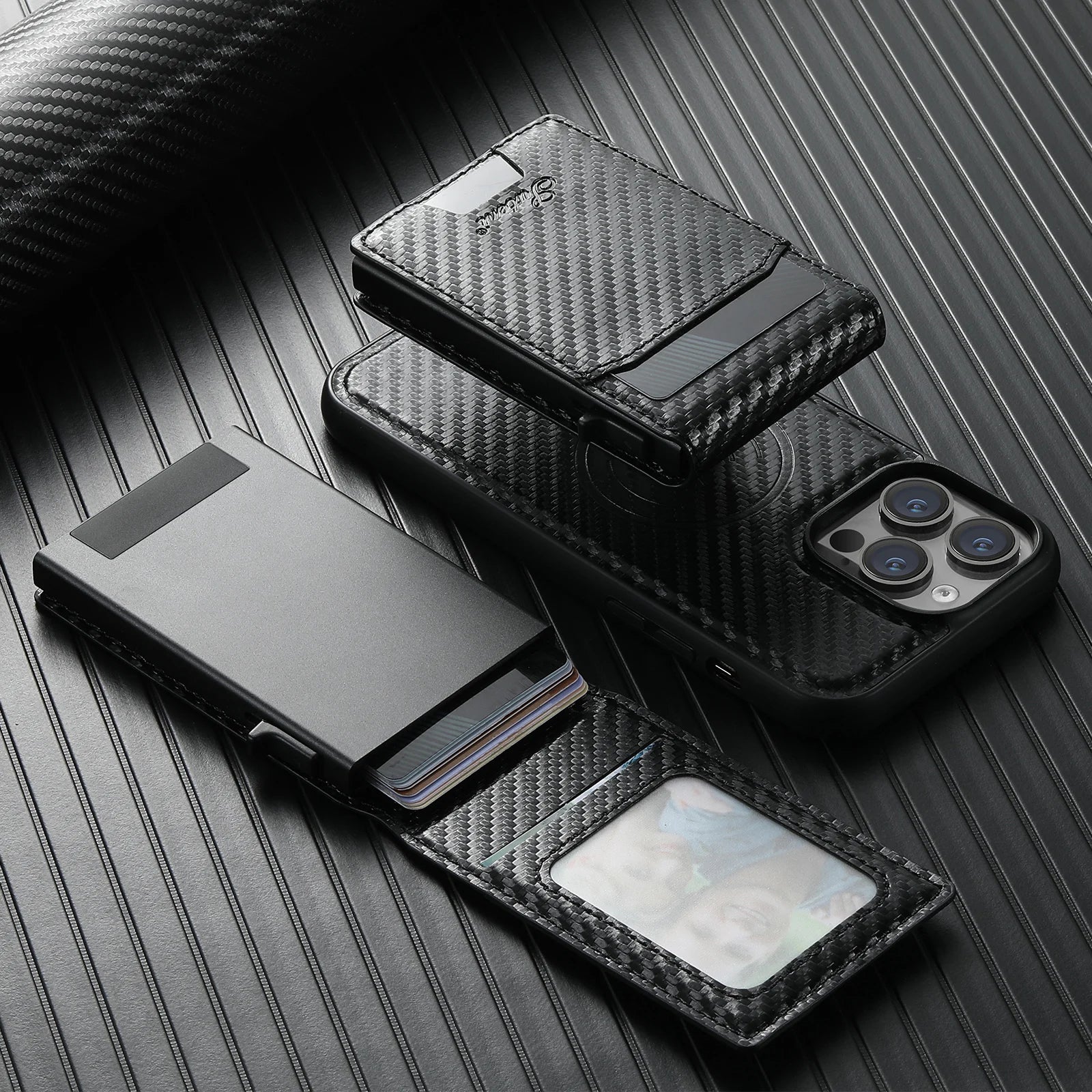 Carbon Fiber Texture Detachable Leather iPhone Case – Magnetic Wallet, Card Holder, Shockproof Protection, Stylish & Durable