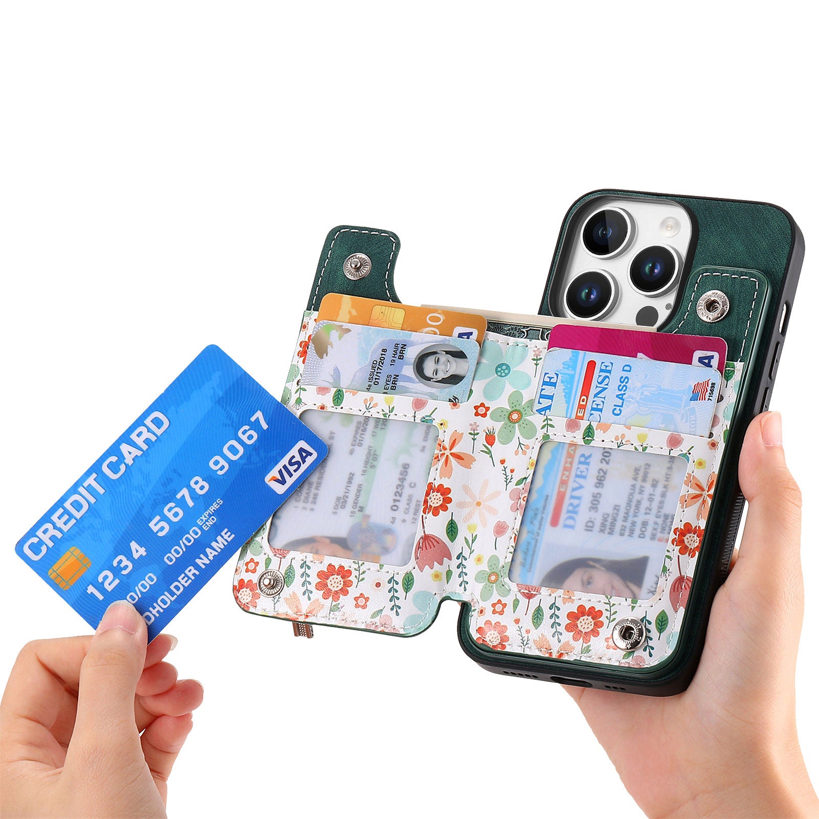 Zipper Card Slot Wallet Case – Magnetic Closure, Purse Pocket, Floral Design, Shockproof Protective Cover for iPhone