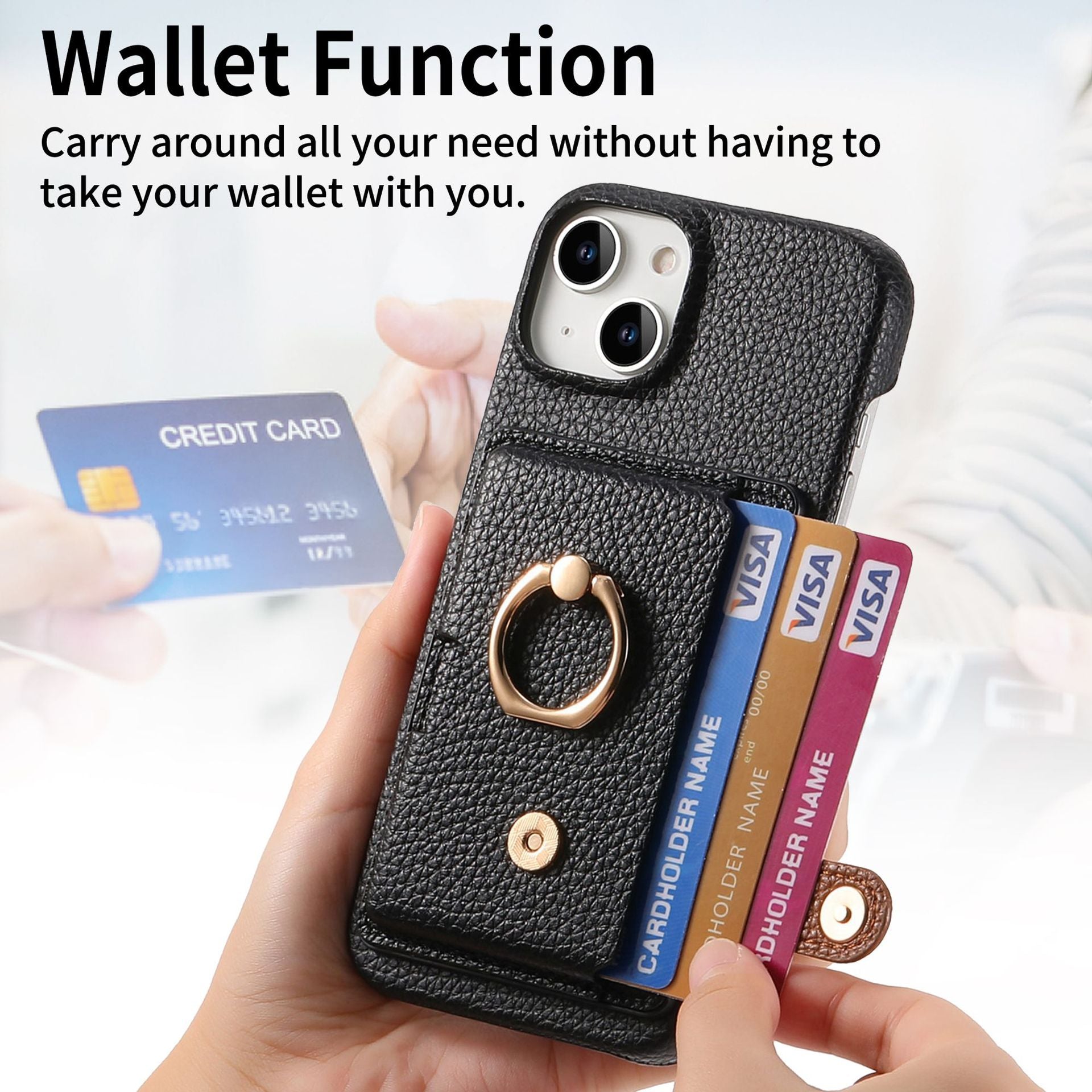 Premium Leather Ring Stand Wallet iPhone Case – Shockproof Phone Cover with Card Holder, Magnetic Closure, and Kickstand Support for Hands-Free Convenience