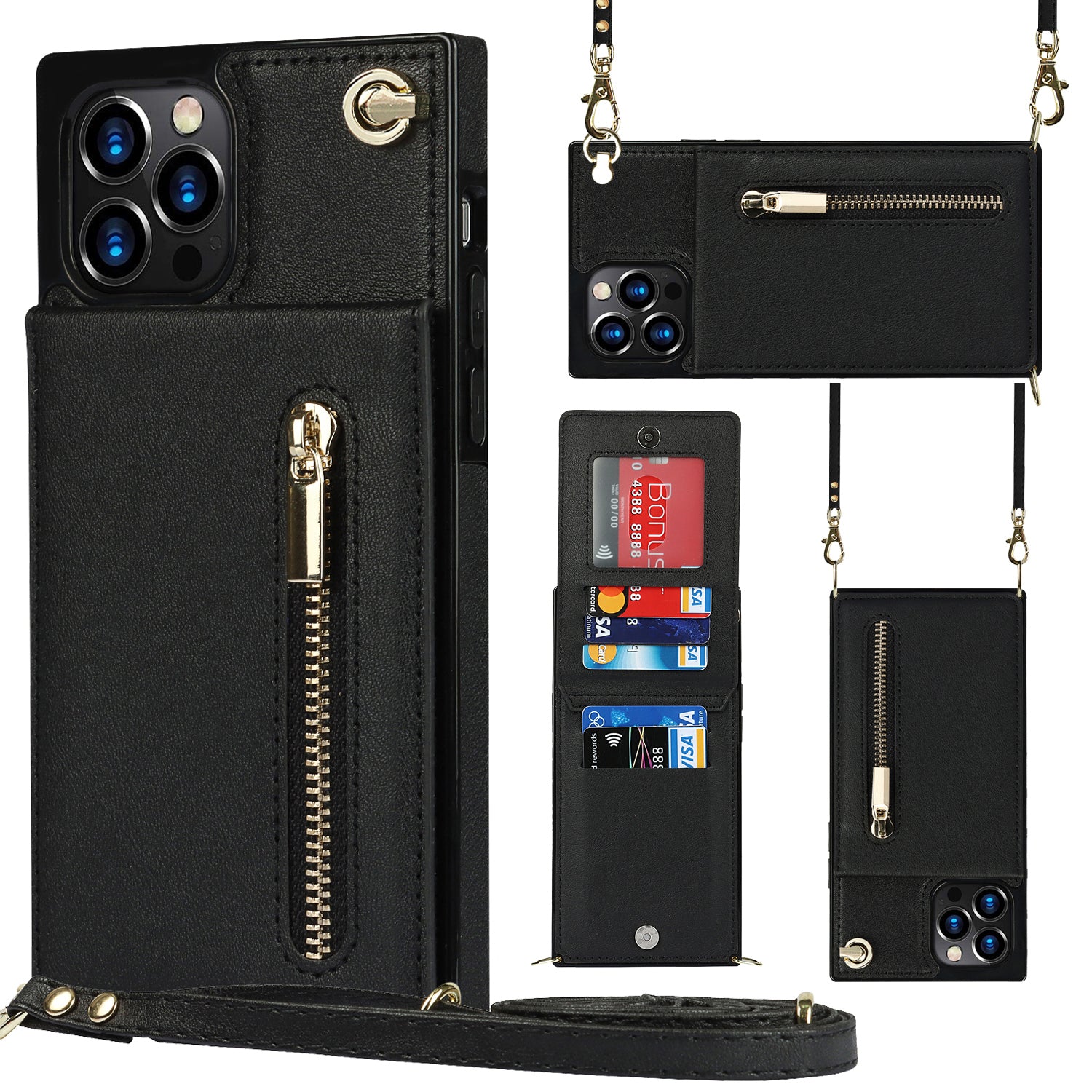 Luxury Zipper Wallet Crossbody Leather iPhone Case – Card Holder, Lanyard Strap, Shockproof Protection, Magnetic Closure, Stylish Flip Cover for iPhone