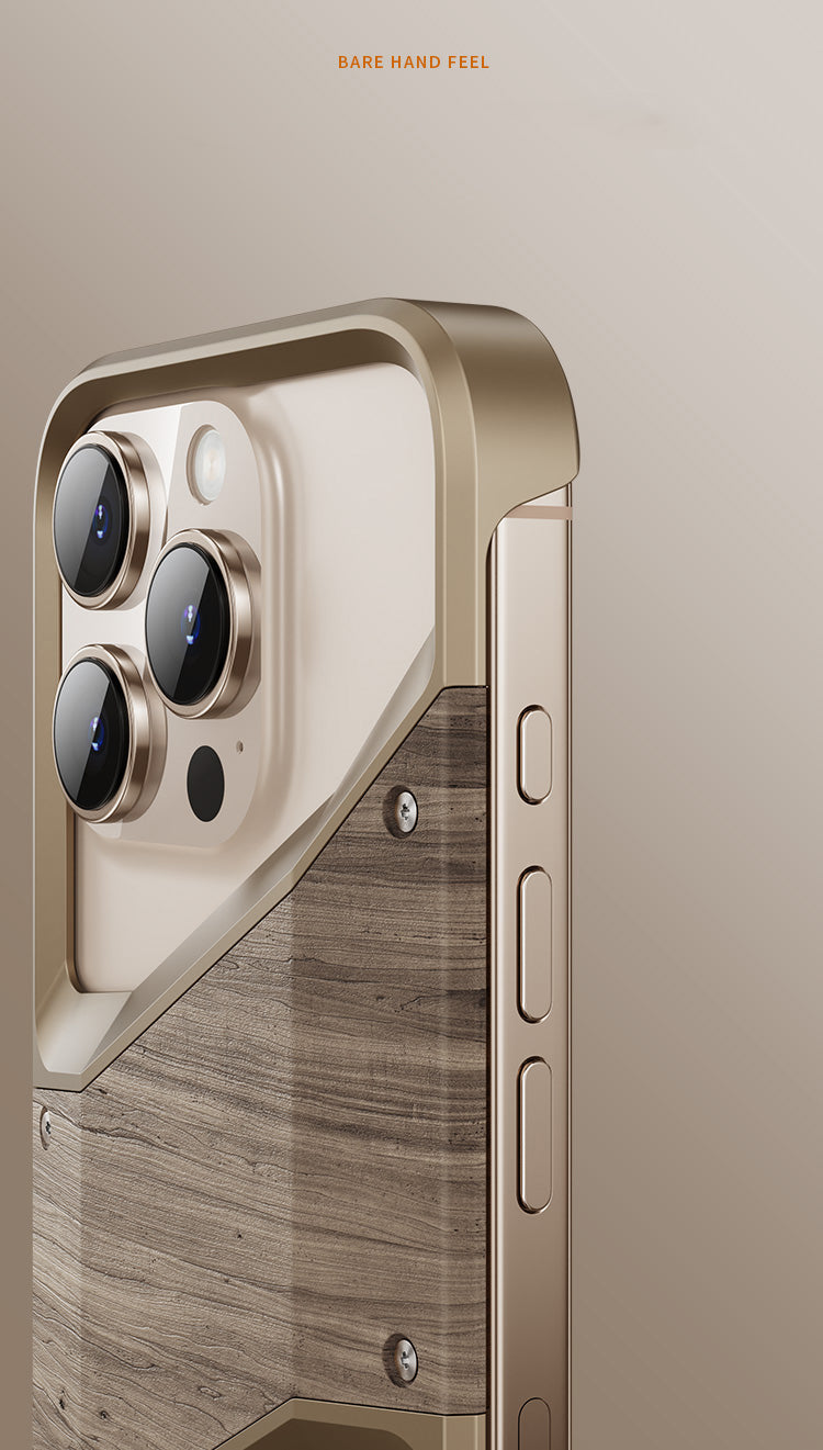 Irregular Metal Frame Phone Case – Aluminum Alloy and Solid Wood Shockproof Frameless Cover for iPhone Models, Durable and Unique Design