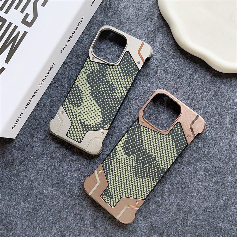 Camouflage Metal Armor Case Frameless Real Carbon Fiber Cover with Built-In Magnet for iPhone Models, Durable and  Protection