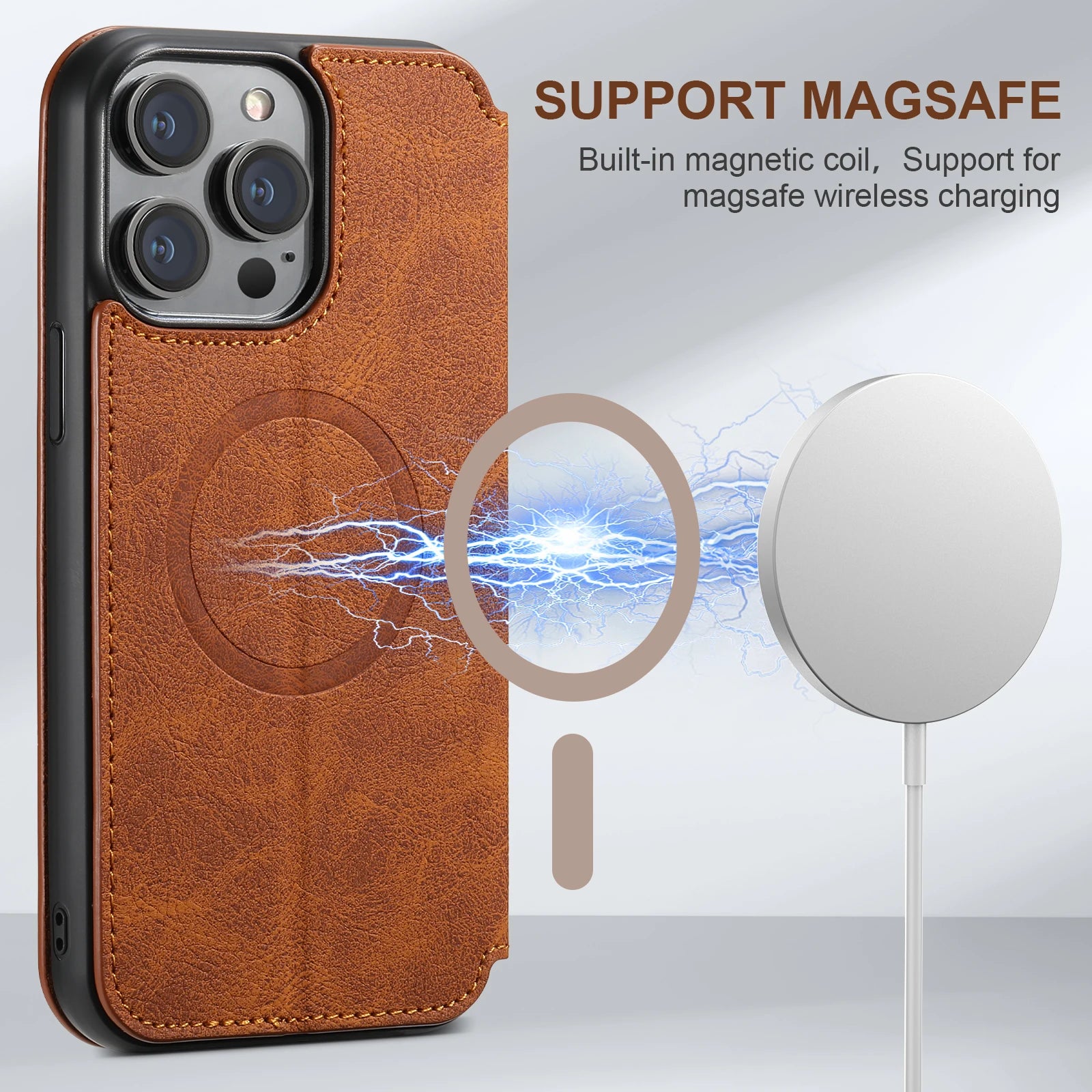 Luxury Leather Magnetic Flip Case – MagSafe Wallet Card Holder, Wireless Charging Compatible, Shockproof Protection, Elegant Design for iPhone Models