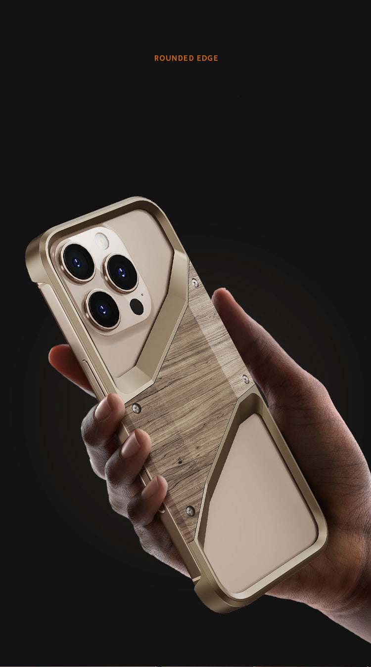 Irregular Metal Frame iPhone Case – Aluminum Alloy and Solid Wood Shockproof Frameless Cover for iPhone Models, Durable and Unique Design