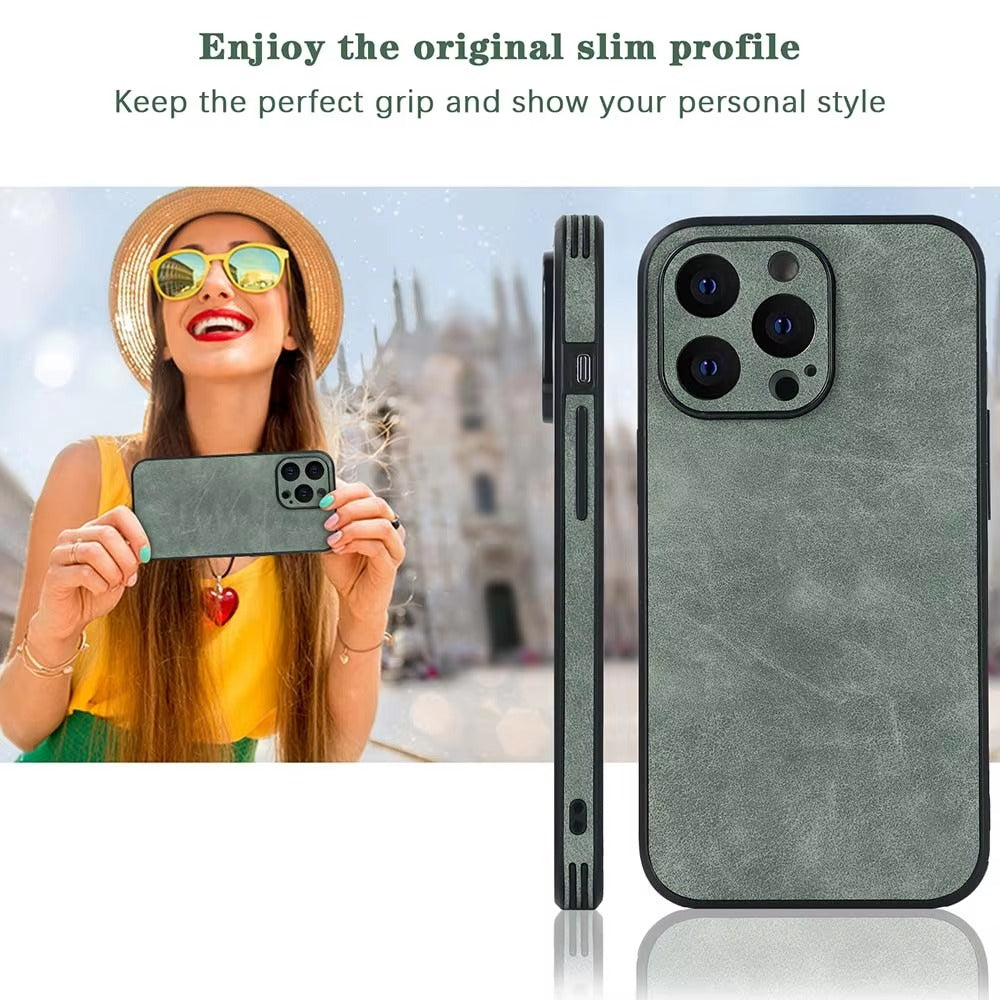 Luxury Vintage Leather Shockproof iPhone Case – Soft Silicone, Matte Finish, Durable & Stylish Protection | Case for iPhone