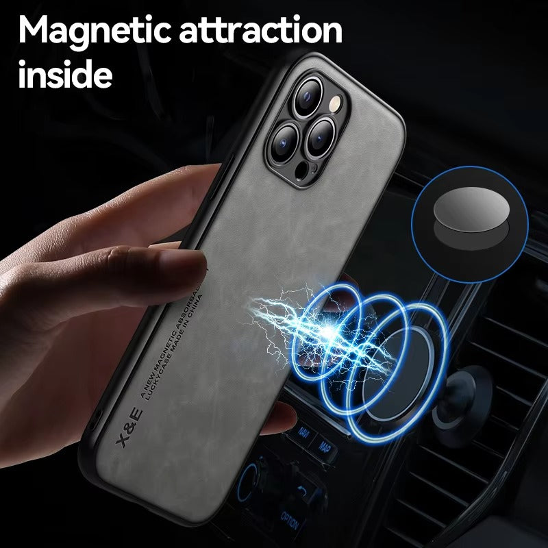 Luxury Magnetic Leather MagSafe Case – Wireless Charging, Car Holder Support, Shockproof & Stylish Protection | Case for iPhone