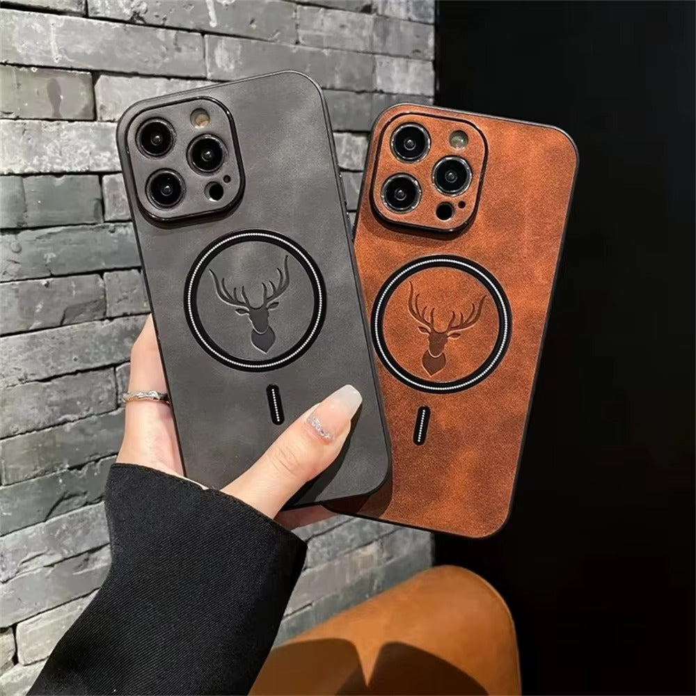 Luxury PU Leather MagSafe Case – Deer Embossed Design, Wireless Charging, Stylish & Durable Full Protection Cover | Case for iPhone