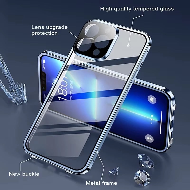 Luxury 360° Full Protection Magnetic iPhone Case – Metal Frame, Double-Sided Glass, Snap Lock Design, Shockproof Bumper Cover | Case for iPhone