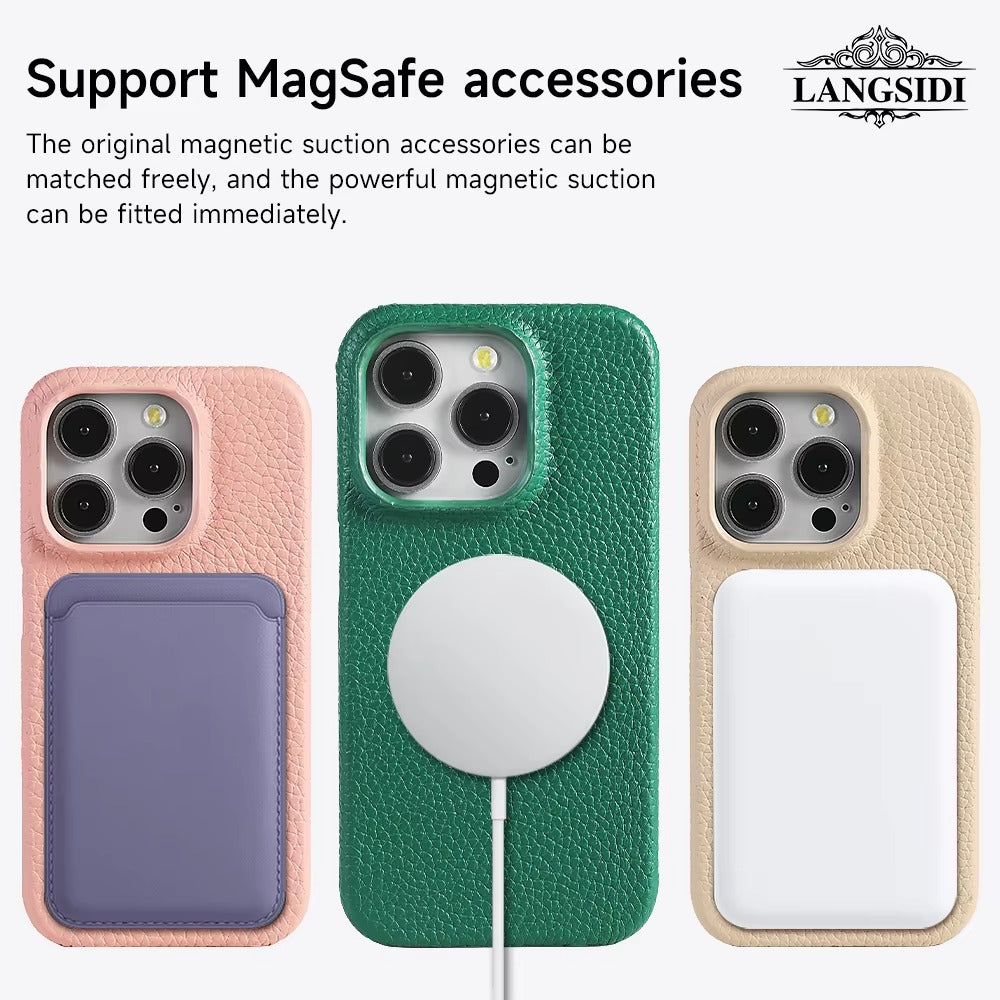 Luxury Natural Cowhide Leather MagSafe iPhone Case – Lychee Texture, Magnetic Protector, Durable & Stylish Phone Back Cover | Case for iPhone