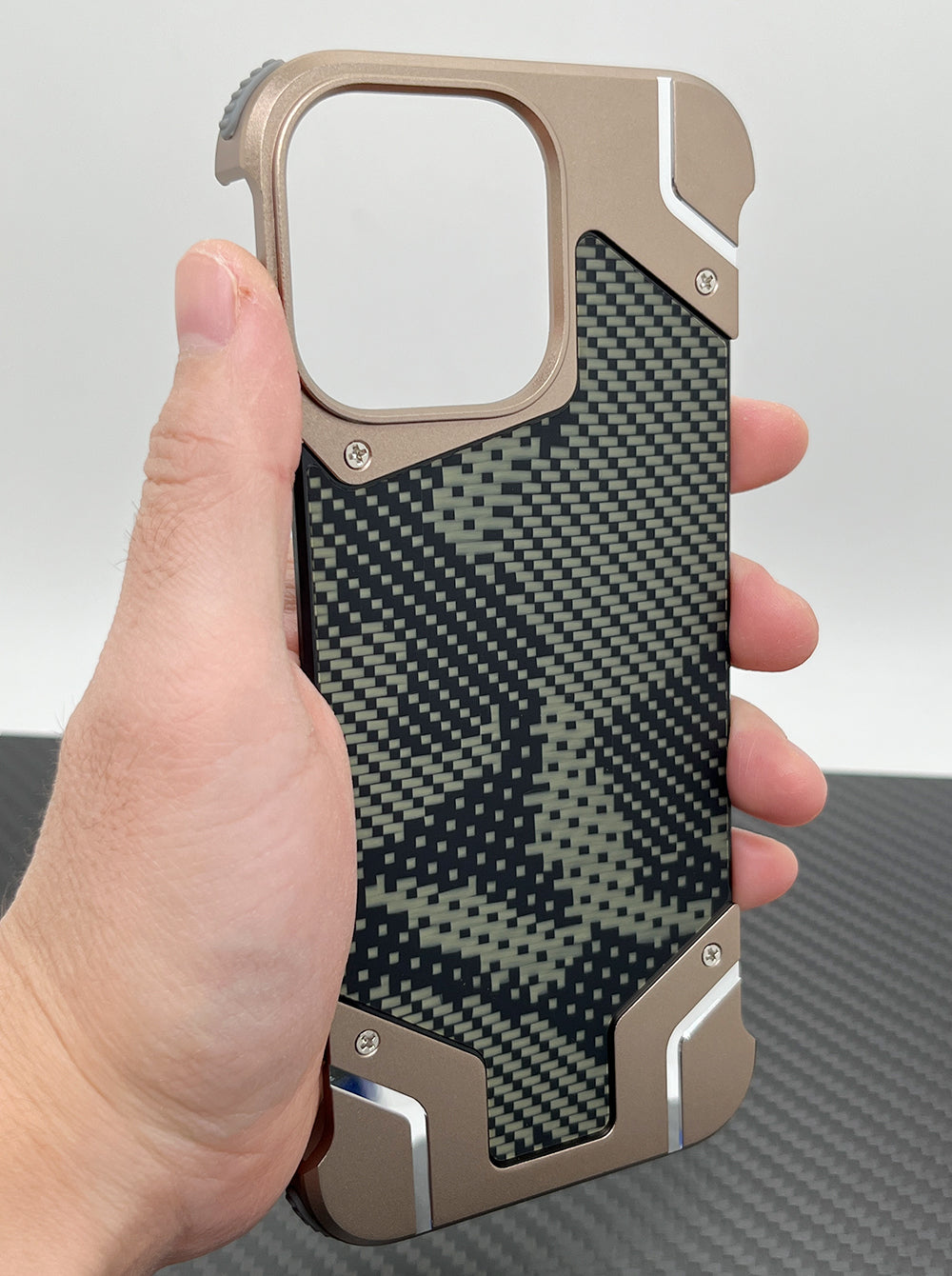 Camouflage Metal Armor Case Frameless Real Carbon Fiber Cover with Built-In Magnet for iPhone Models, Durable and  Protection