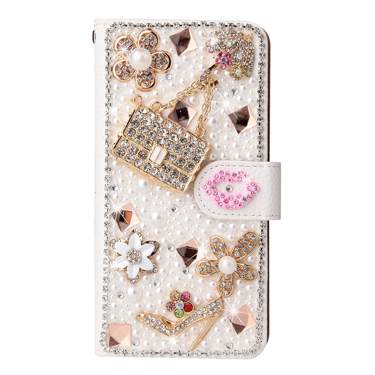 Luxury Bling Diamond Lipstick Wallet iPhone Case Flip Leather Cover with Card Slots, Rhinestone Design, Shockproof Protection