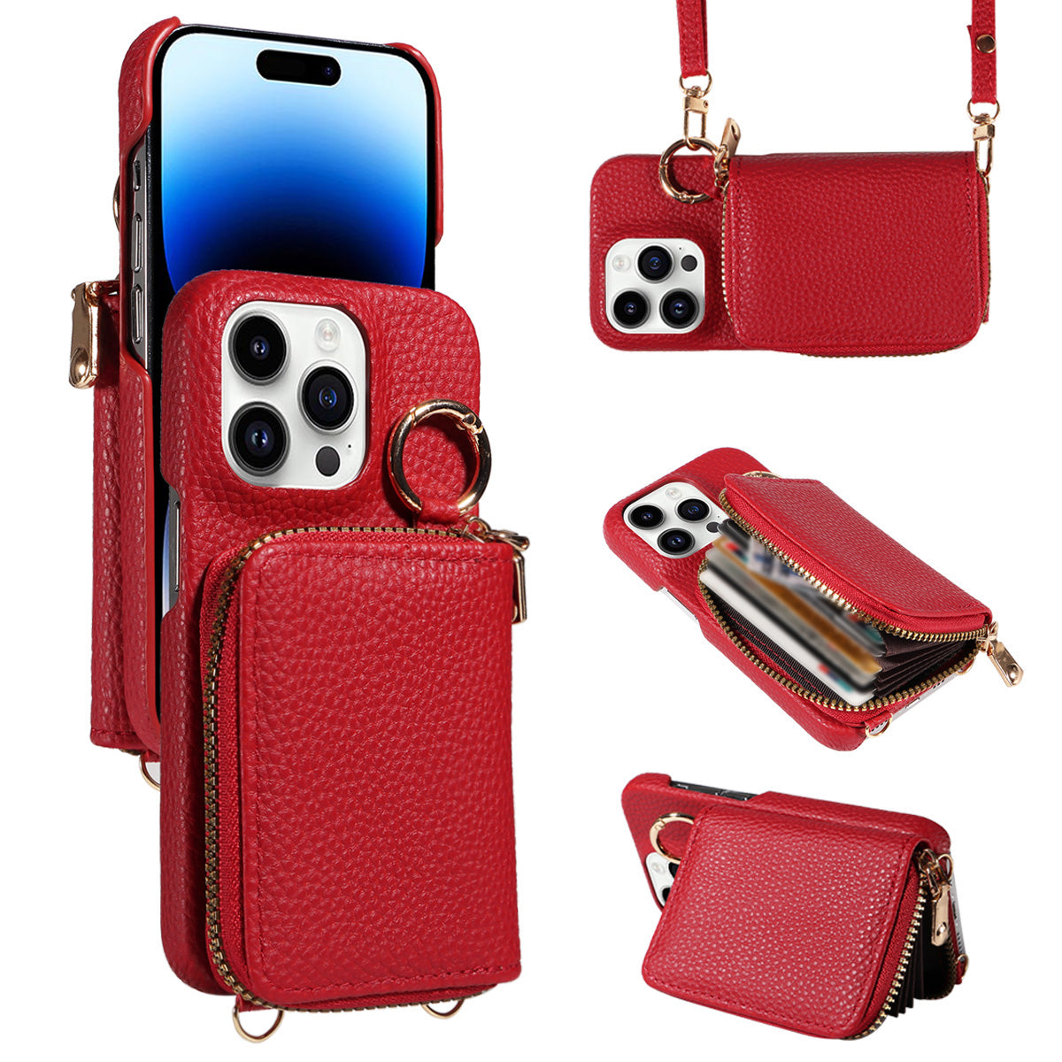 Luxury Zipper Wallet Crossbody iPhone Case – Leather Cover with Card Holder, Lanyard Strap, and Full Protection for iPhone Models