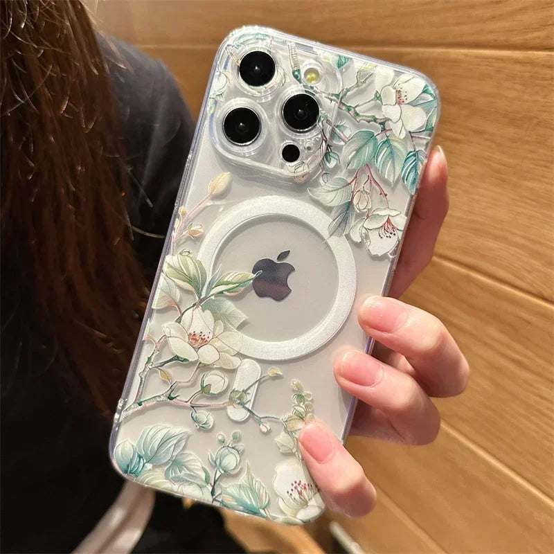 Transparent Floral MagSafe Case - Clear Shockproof Phone Cover with Magnetic Wireless Charging Compatibility Case for iPhone