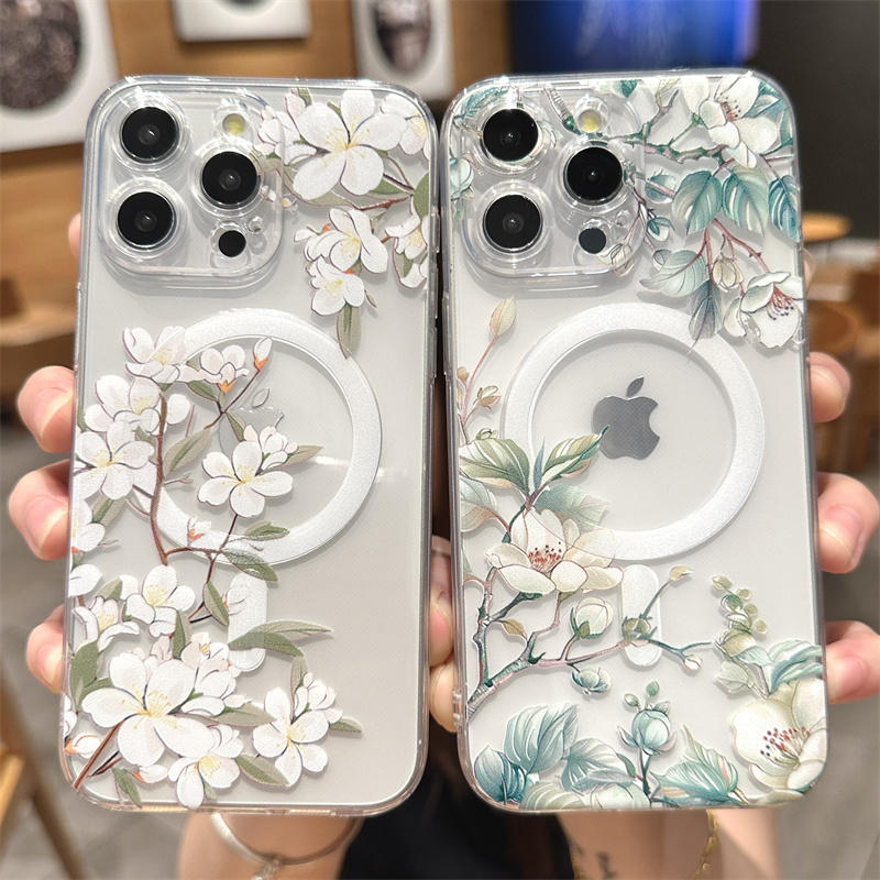 Transparent Floral MagSafe Case - Clear Shockproof Phone Cover with Magnetic Wireless Charging Compatibility Case for iPhone