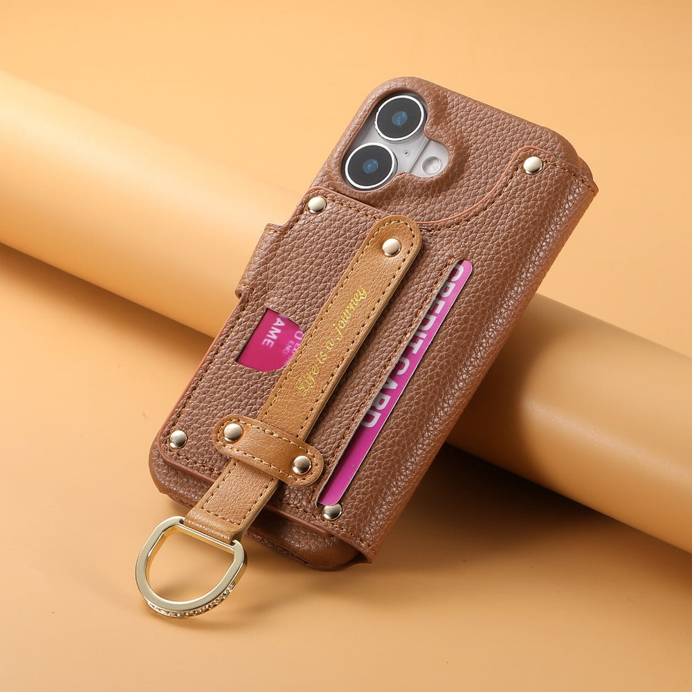 Luxury Wallet Flip Phone Case – Card Slot Holder, Wrist Strap, Ring Kickstand, Shockproof Cover for iPhone Models