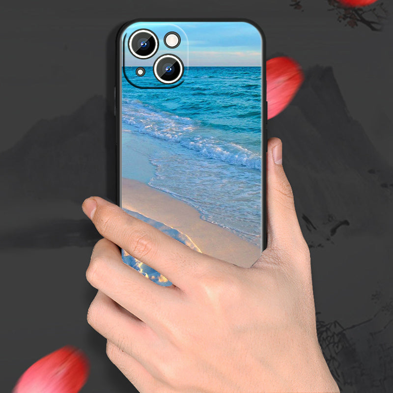 Red Blue Metal and Seawater Soft Phone Case for iPhone 15, 14, 13, 12, 11, XS, XR, X, 8, 7, SE Pro Max, Plus, Mini - Black