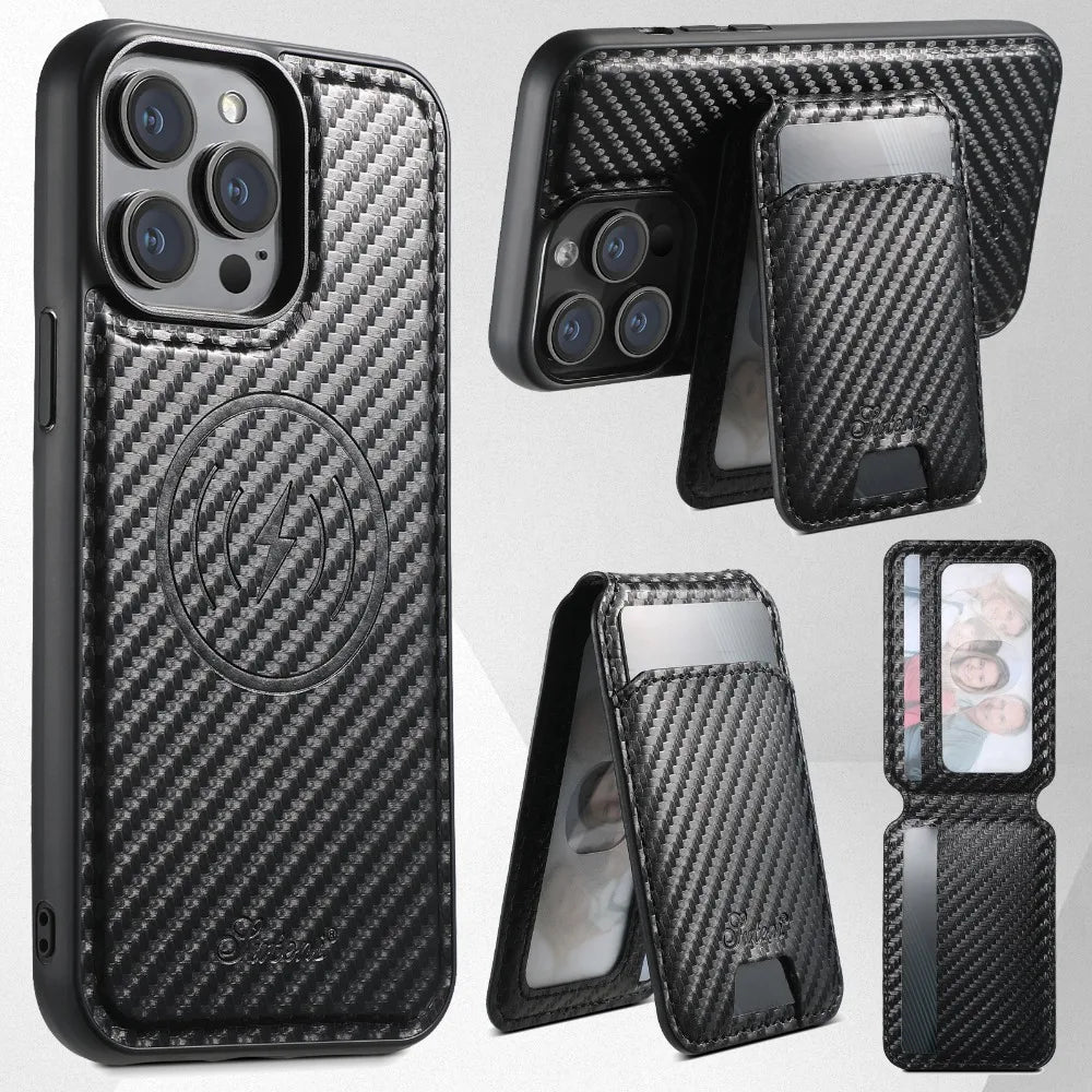 Premium 2-in-1 Carbon Fiber Wallet Case – Magnetic Card Holder, Removable Cover, Shockproof Protection, Sleek Design for iPhone Models