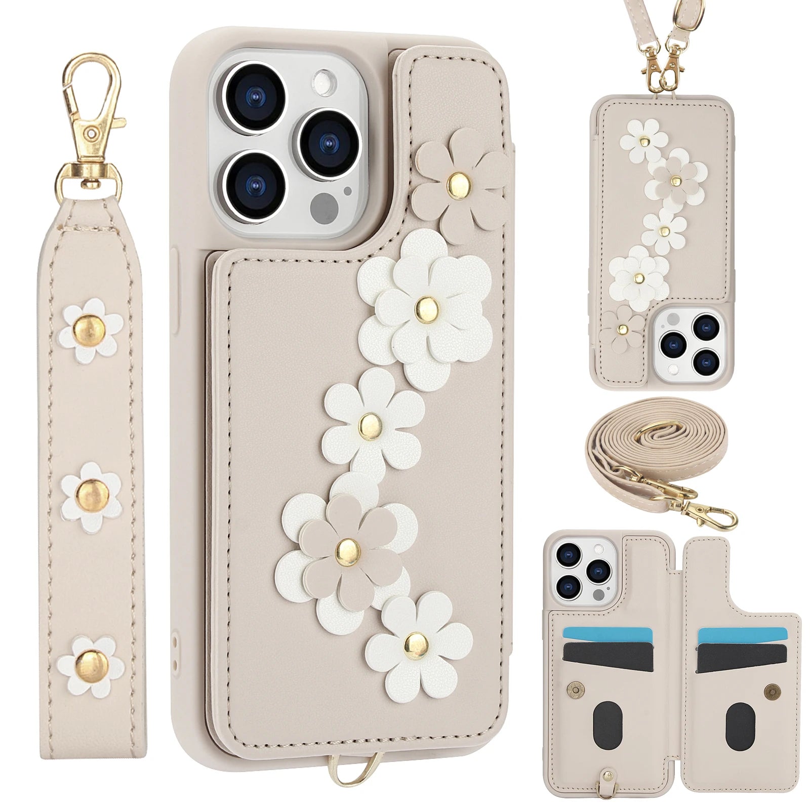 Luxury Crossbody Wallet Leather Phone Case – 3D Flower Design, Card Slot, Wrist Strap, Magnetic Closure, Protective Cover