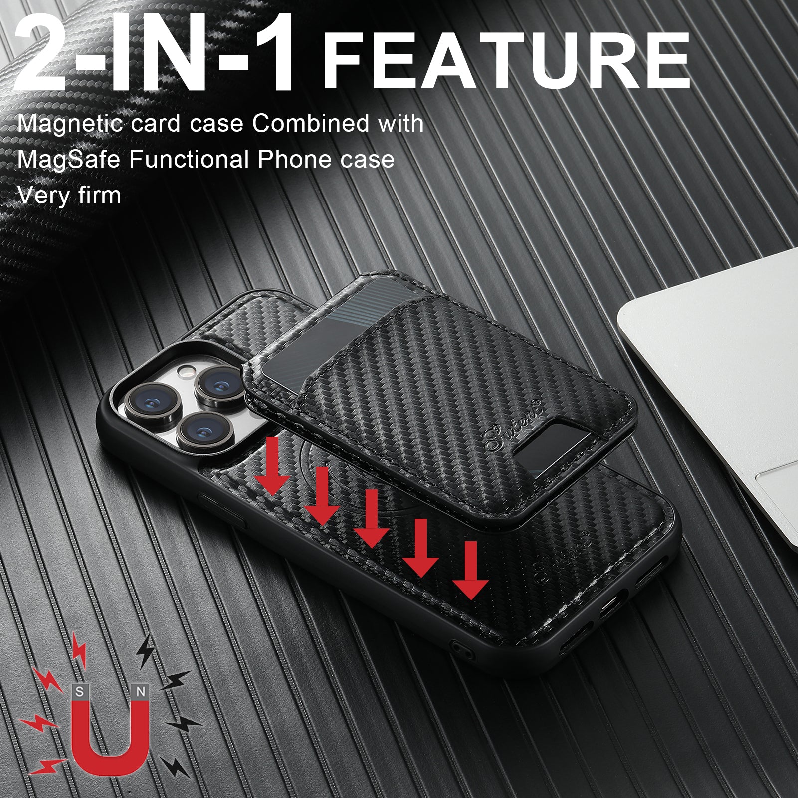 Carbon Fiber Texture Detachable Leather iPhone Case – Magnetic Wallet, Card Holder, Shockproof Protection, Stylish & Durable