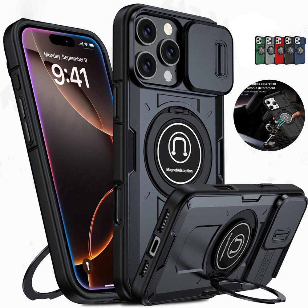 Slide Camera Ring Stand Armor Case – Anti-Fall Protection Kickstand Cover for iPhone Models