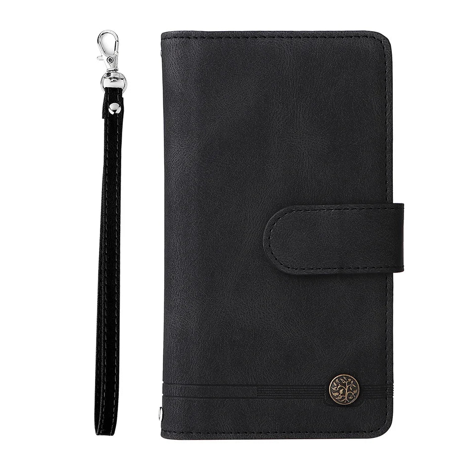 Premium Retro Flip Leather Case – Zipper Wallet, Multi-Card Slots, Necklace Lanyard, Magnetic Closure, Shockproof Protection for iPhone