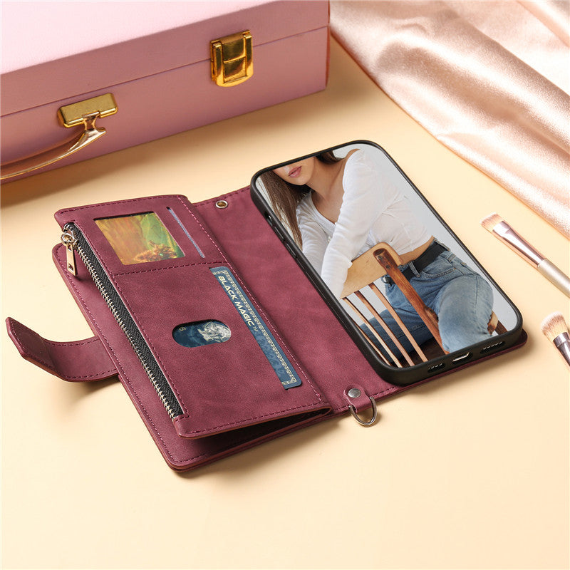 Luxury Flip Leather Wallet Phone Case – Long Lanyard, Zipper Closure, Card Holder, Magnetic Protection, and Premium Design for iPhone