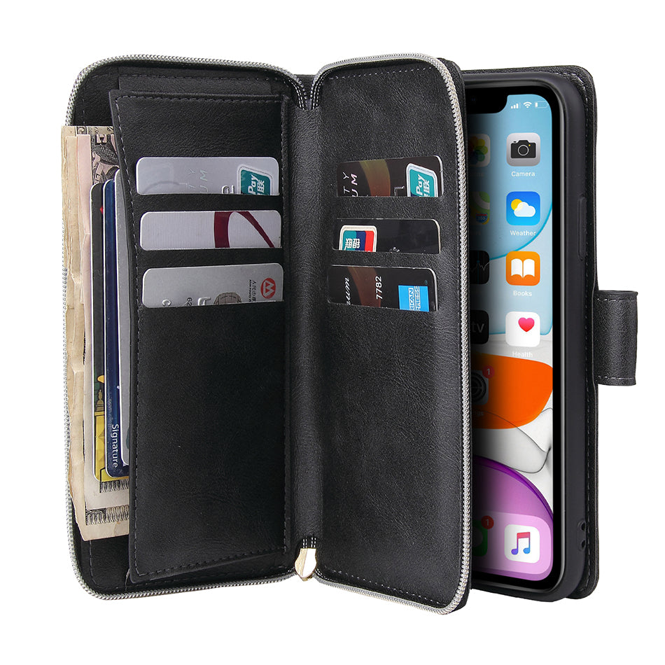 Premium 9 Card Slots Leather Wallet iPhone Case – Durable Zipper Flip Cover, Magnetic Stand, Shockproof Protection, Multi-Card Holder for iPhone