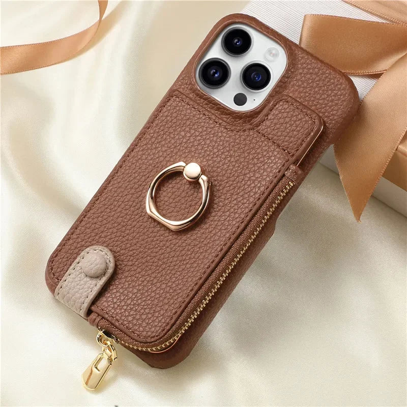 Luxury Leather Zipper Wallet Phone Case – Card Holder, Ring Kickstand, Shockproof Cover for iPhone Models