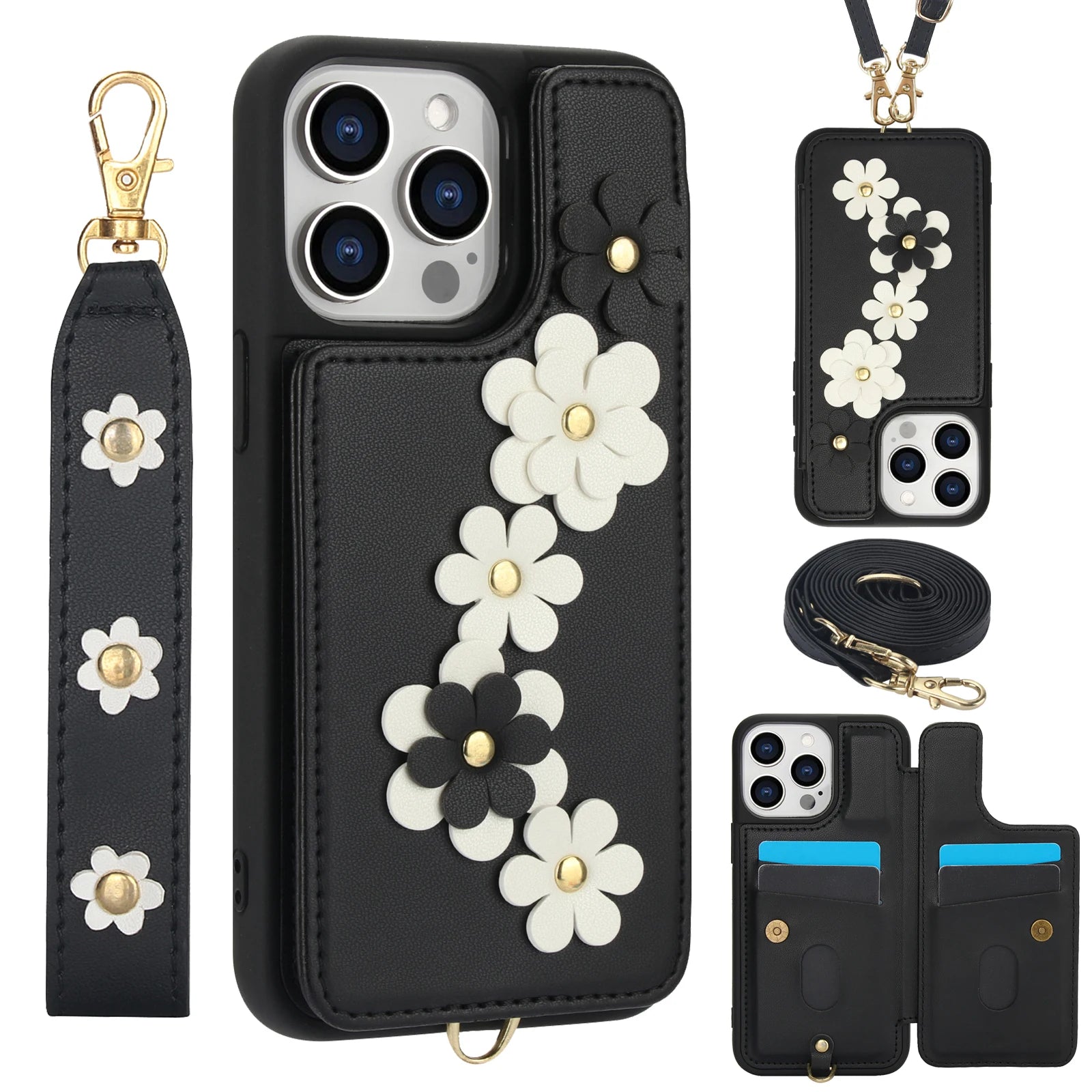 Luxury Crossbody Wallet Leather Phone Case – 3D Flower Design, Card Slot, Wrist Strap, Magnetic Closure, Protective Cover