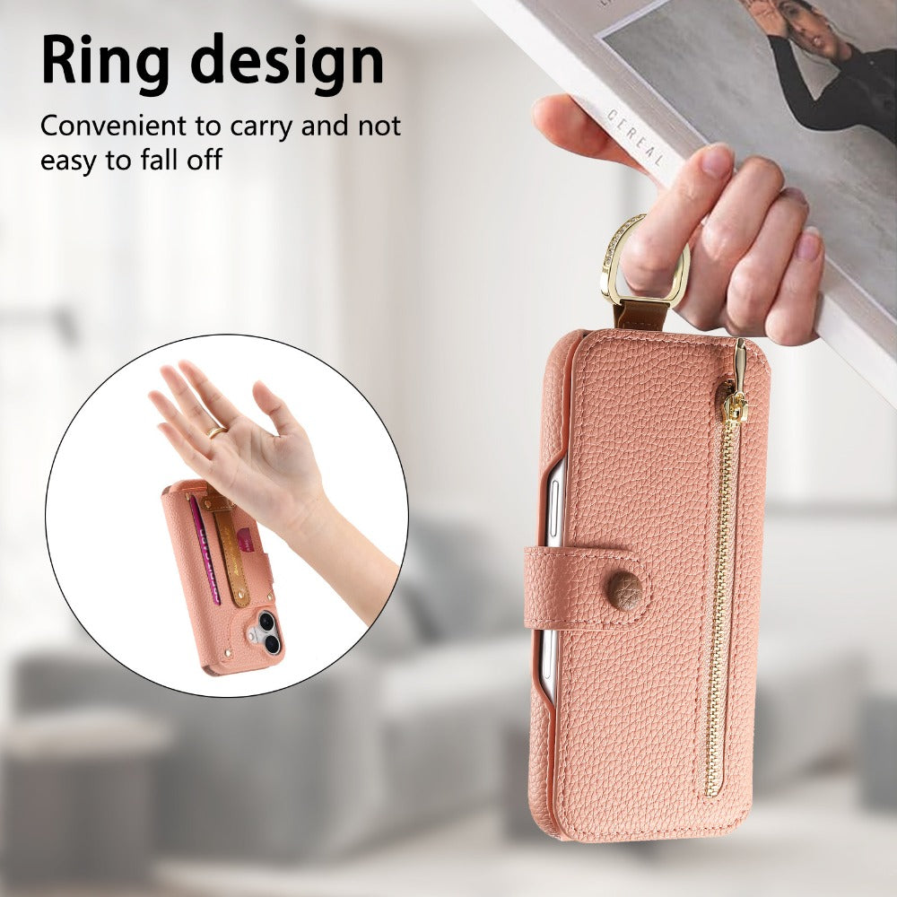 Luxury Wallet Flip Phone Case – Card Slot Holder, Wrist Strap, Ring Kickstand, Shockproof Cover for iPhone Models