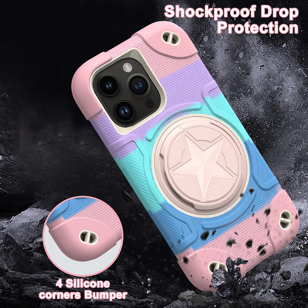 Shield Rotating Ring Rugged Stand Case – Five-Pointed Star Design, Macaron Color Bumper Cover, Durable Protection for iPhone Models