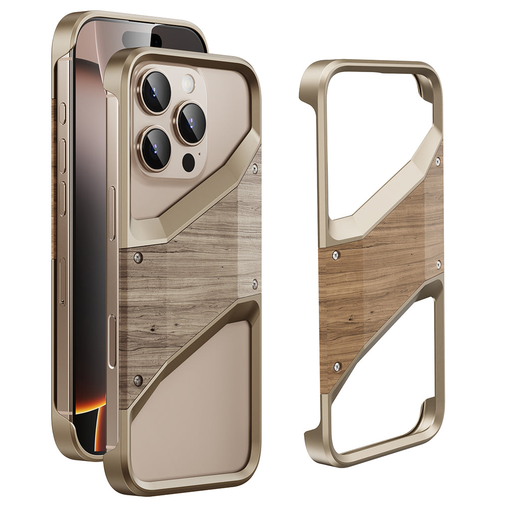 Irregular Metal Frame Phone Case – Aluminum Alloy and Solid Wood Shockproof Frameless Cover for iPhone Models, Durable and Unique Design