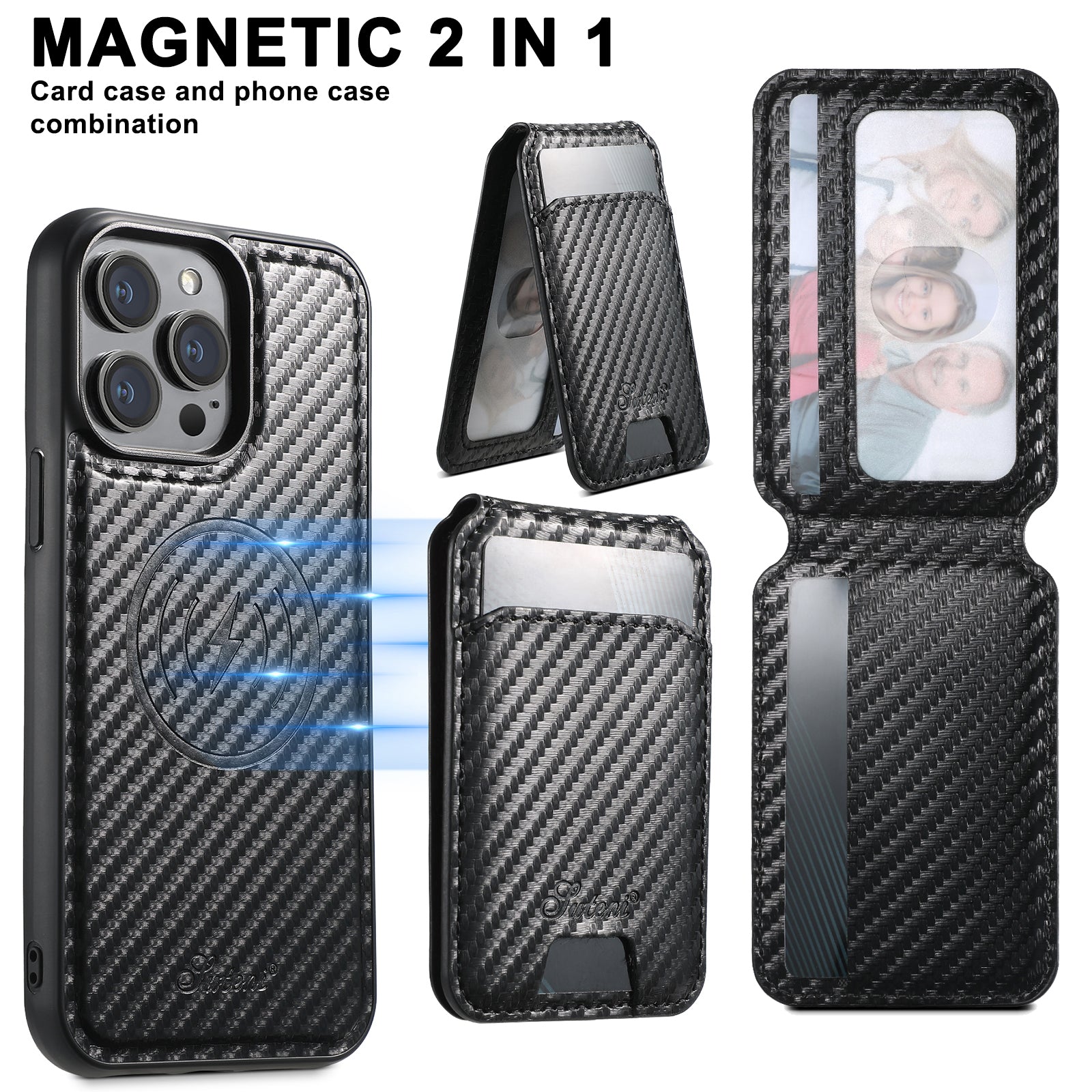 Carbon Fiber Texture Detachable Leather iPhone Case – Magnetic Wallet, Card Holder, Shockproof Protection, Stylish & Durable